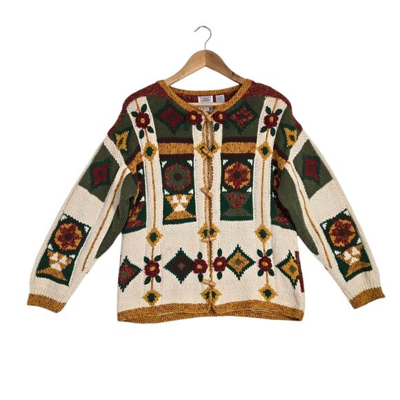 vintage Sweaters - VTG Tony Lambert Cardigan Sweater S Ivory Multicolor Cabincore Cottagecore READ